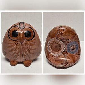 TONALA POTTERY Owl Vintage Mexican Figurine Floral Back Large